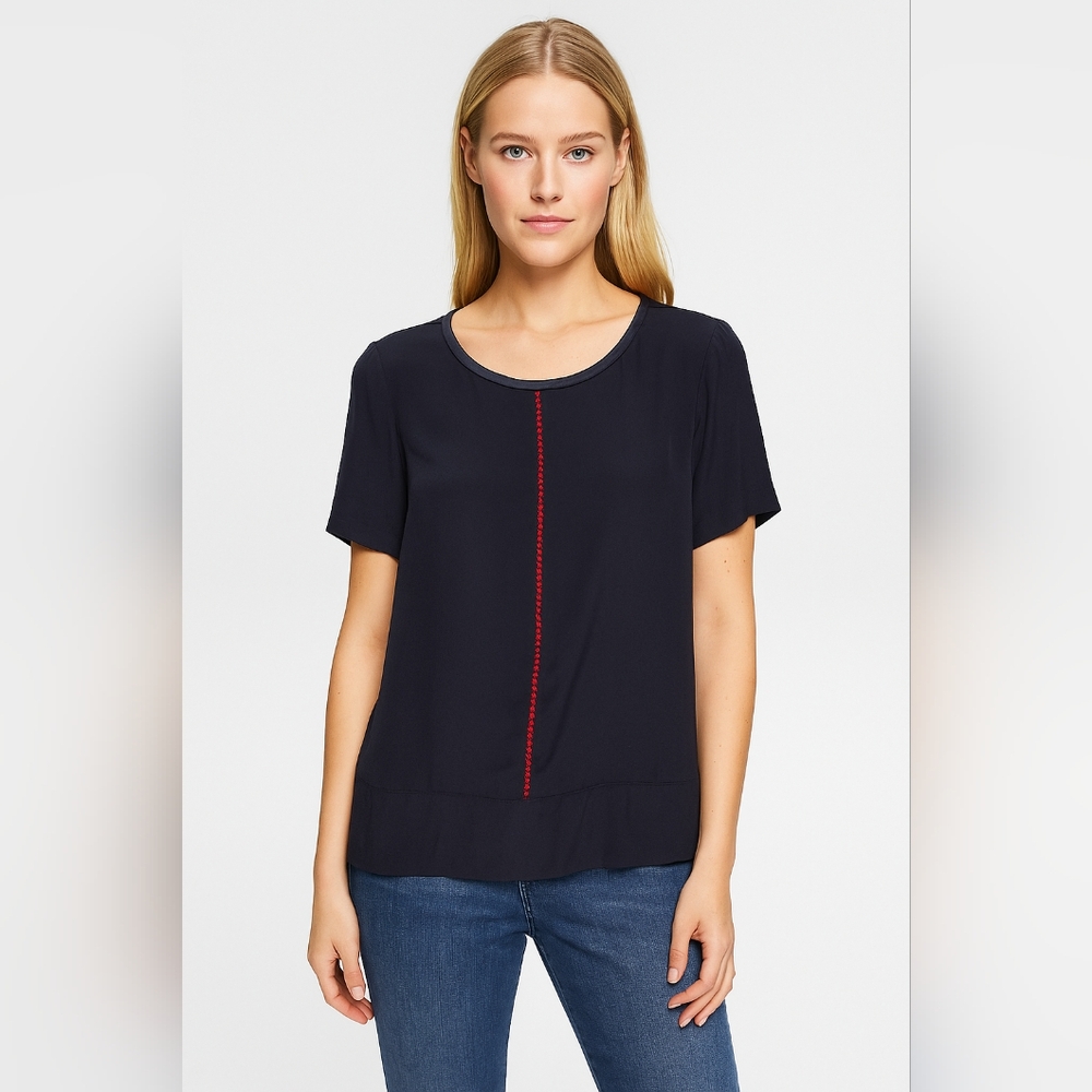 Marc Cain Stretch Silk Navy Blue Short Sleeve Blouse with Red Stitching Size 6